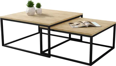 Produktbild von MIRJAN24 Im Set zwei Couchtische Dual, Vierkantrohrrahmen aus Stahl, Kaffeetisch-Set 2-tlg (Farbe: Schwarz / Eiche Craft Gold)