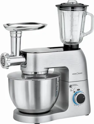 A silver multi-functional kitchen appliance with a mixer bowl, meat grinder attachment, and blender jug.