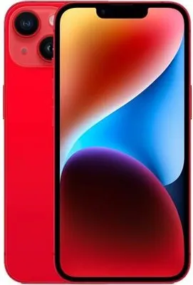 A red iPhone 14 is shown from the back and front.