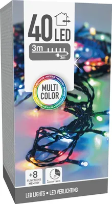 Obrázek produktu pro Barevná LED světelná řetěz, 40 LED diod, zelený kabel, pro vnitřní i venkovní použití, 6 m, 8 funkcí.