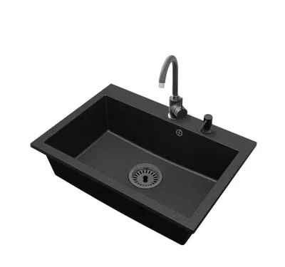 Produktbild von Granit Küchenspüle Einbecken ELITE 70 Set mit Armatur, Seifenspender und Siphon Schwarz