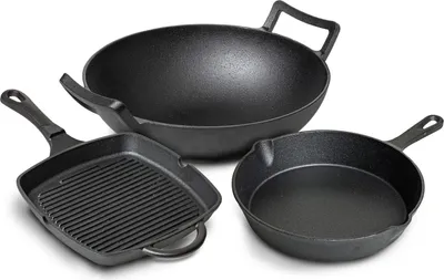 Produktbild von Blackwell Pfannenset aus Gusseisen – Grillpfanne 23 x 23 cm, Bratpfanne Ø 25 cm & Wok Ø 32 cm – 3-teilig – geeignet für alle Herdarten