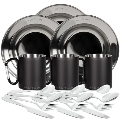 Produktbild von Campinggeschirr Set mit tiefen Edelstahltellern, Karabiner Thermobechern & Lunch-Besteck für 3 Personen