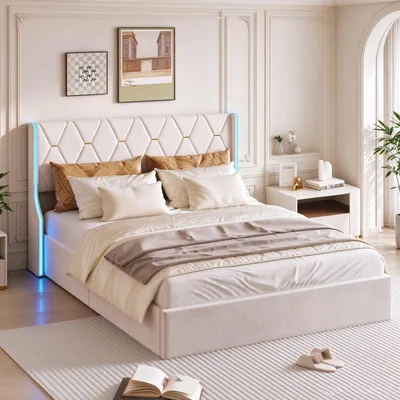 Obrázek produktu pro Postel s pružinovou základnou INONEFT, rozměr 160x200 cm, čalouněná postel, dvoulůžko s LED osvětlením, postel s úložným prostorem, rošt, postel pro mládež, barva: béžová