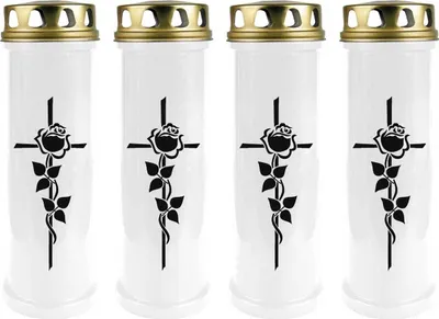 Produktbild von Grabkerze Weiß 4er Pack, Brenndauer: 100 Stunden ( je Kerze ), Motiv: Rose Kreuz