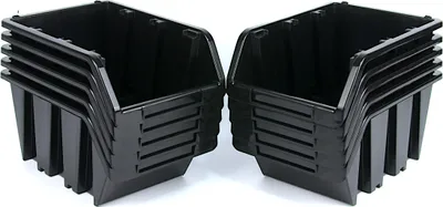 Two stacks of black storage bins are shown against a white background.