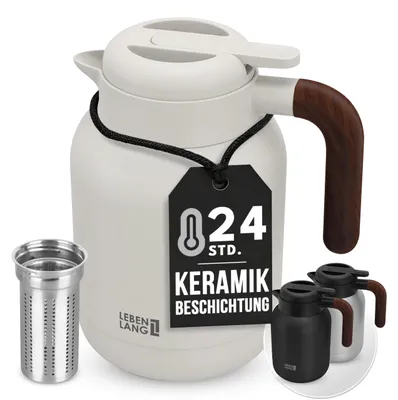 Zdjęcie produktu dla Termos z ceramiczną powłoką, pojemność 1,5L - zawiera sitko do herbaty, utrzymuje ciepło przez 24 godziny