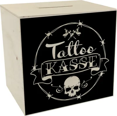 Produktbild von Spardose aus Holz mit coolen Tattoo-Motiven in schwarz - Tattookasse