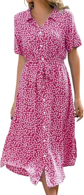 Produktbild von ASKSA Damen Sommerkleid Kurzarm Casual V-Ausschnitt Blumendruck Kleider Strandkleider y Schlitz Midikleid mit Guertel (Rosa,XL)