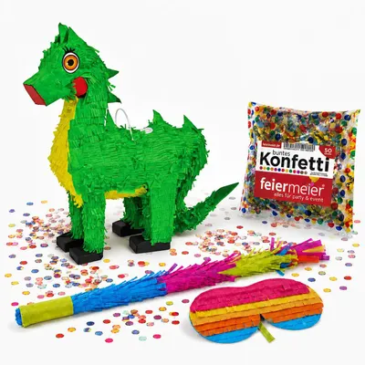 Produktbild von Pinata-Set | 4-tlg. mit Augenmaske, Schlagstock und Konfetti Farbe:  "Grüner Drache" | 45x14x48cm