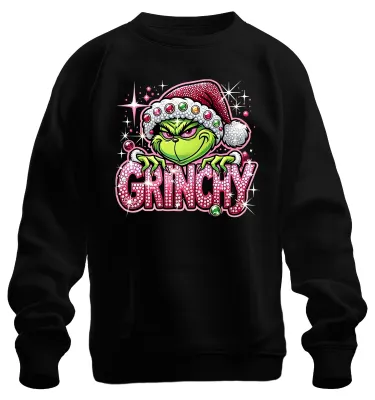 Immagine prodotto di Felpa unisex "Grinchy Christmas" con strass, glitter rosa e dettagli scintillanti, divertente, regalo, nero, taglia M