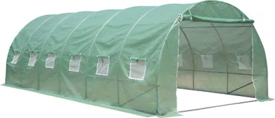 A green polyethylene greenhouse with a metal frame, shown from the side with an open entrance.