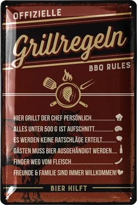Produktbild von Retro Blechschilder Grillen - GRILLREGELN Schild - BBQ Grill Retro Deko - Grillplatz Schild Garten - Geschenk für Papas Grillecke Schild