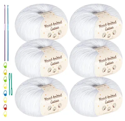 Obrázek produktu pro Bavlna na háčkování, 6 x 50g, bílá, příze pro děti, sada s příslušenstvím