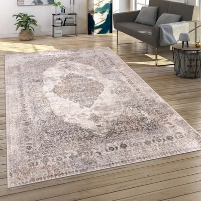 Produktbild von Teppich Wohnzimmer Kurzflor Orient Muster Ornamente Vintage Motiv Bordüre Grau Grösse 60x100 cm