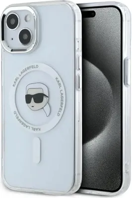 Productafbeelding van MagSafe hoesje voor Apple iPhone 15 - Achterkant met Karl Lagerfeld IML metalen design, afbeelding van Karl's hoofd - Wit