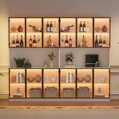 Produktbild von Vitrine LED Standvitrine Glas Hochschrank 12 Türen, Soft-Close, Wohnzimmer Weiß Schrank, 240x34x200cm