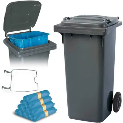 Produktbild von BRB 120 Liter Mülltonne mit Halter für Müllsäcke, inkl. 250 Müllsäcke (grau)