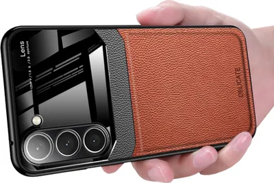 Produktbild von Galaxy S23+ Hülle, TPU Stossfest Anti-rutsch Leder Glas Len Hybrid Schutzhülle für Samsung Galaxy S23+ Braun
