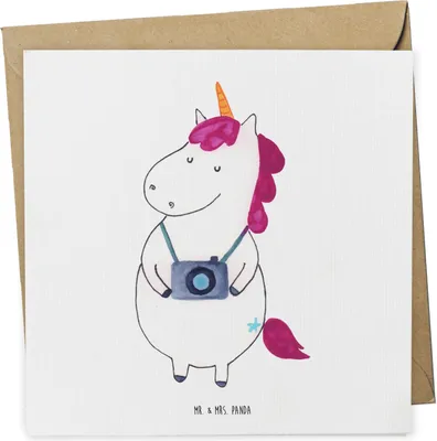 Produktbild von Mr. & Mrs. Panda Grußkarte Einhorn Fotograf - Weiß - Geschenk, Fotografie, doppelkarte, Einhörner, anlasskarte, faltkarte, Unicorn, Reisen, Glückwunschkarte, Klappkarte