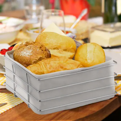 Produktbild von Relaxdays Brotkorb Metall, mit Stoffeinsatz, moderner Brötchenkorb, Frühstückskorb Edelstahl, HBT: 10,5x23x23 cm, grau
