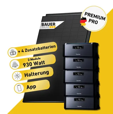 Produktbild von 930 Watt, Bifazial Komplettset, Balkonkraftwerk, Hoymiles HiBattery 1920 AC, Halterung Blechdach, 4 x Zusatzbatterie, AC-Anschlusskabel