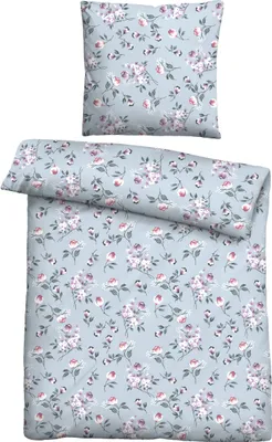 Produktbild von Traumhaft schlafen - Castell - Markenbettwäsche PolyBaumwolle Biber 0351106 BLÜMCHEN color: taubenblau, size: 1x 135x200 cm + 1x 80x80 cm