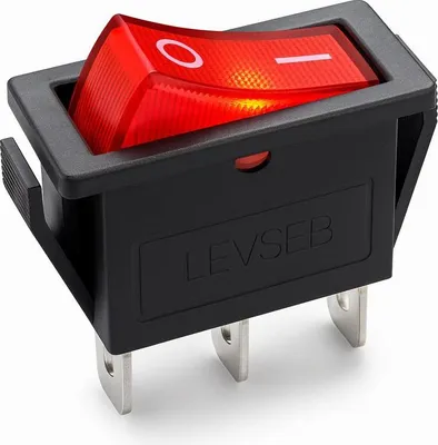 A close-up studio shot of a red and black illuminated rocker switch.