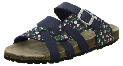 Produktbild von Dunkelblaue Bio Pantolette mit floralem Muster, Schnalle und Längsgewölbestütze