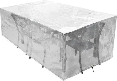 Immagine prodotto di Copertura impermeabile per mobili da giardino Unyqoos® 170 x 95 x 70 cm – copertura trasparente per tavoli e sedie realizzata in tessuto PE, resistente agli strappi e con protezione UV (120 g/m²)