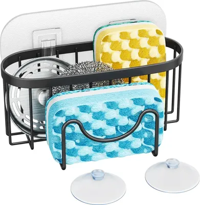 Produktbild von 2 in 1 Spülbecken Organizer, Schwammhalter Küche Edelstahl,Schwammhalter Mit 2 Klebstoff,Schwammhalter Spülbecken für Spülenstopfen, Spülschwämme, Bürste, kein Bohren, schwarz，16.5*7.97*7.5cm
