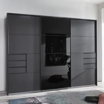 Produktbild von Schwebetürenschrank 3-türig 270cm, inkl. Passepartoutrahmen, graphit mit schwarzem Glas, STRATFORD-43