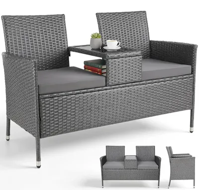 Produktbild von Polyrattan Gartenmöbel Set - 2-Sitzer Sofa mit Tisch - Metallgestell - Für Balkon und Terrasse - Modernes Design - Grau mit grauen Kissen