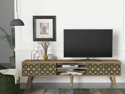 Produktbild von TV Lowboard Valente Walnuss Dunkelgrün | (B x H xT) 180 cm x 46,2 cm x 29,5 cm