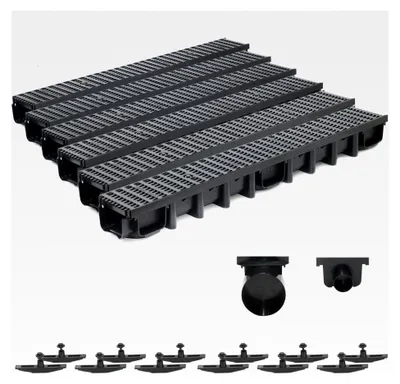 Produktbild von 5m Entwässerungsrinne Belastungsklasse B125, 98mm komplettes Set Stegrost Kunststoff (schwarz)
