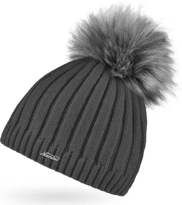 Produktbild von Damen Strick-Mütze gefüttert Fell-Bommel Kunstfell Bommelmütze Fleece-Innenfutter Neverless® dunkelgrau