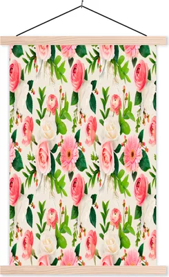 Produktbild von MuchoWow® Textilposter Blumen - Illustration - Rosen - Gerbera 120x180 cm mit holzfarbenen Rahmen - Textil-Plakat