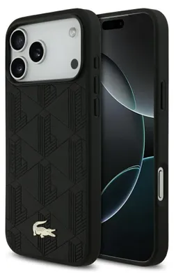 Immagine prodotto di Custodia iPhone 17 Pro Max Lacoste in Pelle finta nera con logo coccodrillo dorato