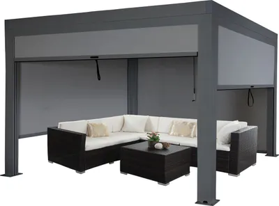 Produktbild von Pergola HWC-L46 ze ścianką boczną, pawilon ogrodowy roleta listwowa pawilonowa, rama aluminiowa 10cm, odporna na burzę 3x4m ~ antracyt