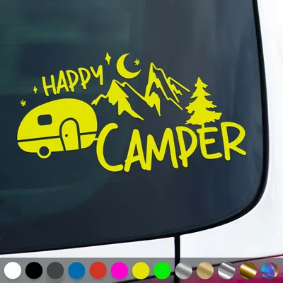 Produktbild von PantherPixel Camper Aufkleber Happy Glücklich Bus Wohnmobil Camping Sticker Auto Geschenkidee Farbe Neon-Gelb