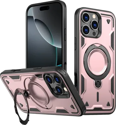 Produktbild von Dual Layer Hülle für iPhone 16 Pro Max Metall Ring Ständer Magnetisch Stoßfest Militär Handyhülle Roségold