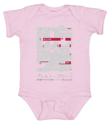 Immagine prodotto di BLLTPRF, body per neonato in stile cyberpunk giapponese, ispirato agli anni 2000, con elementi fantascientifici, colore rosa, taglia 0/3