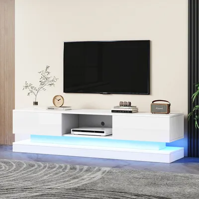 Produktbild von Merax TV-Lowboard mit 2 Schubladen und offenes Fach, TV-Schrank hochglanz Weiß, Fernsehtisch mit Anti-Kipp und APP Timer, TV-Board 160cm Breite