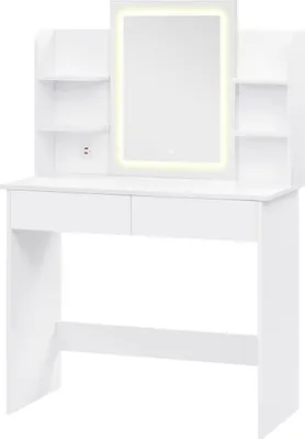 Obrázok produktu pre Biely toaletný stolík s LED zrkadlom - Nastaviteľný jas a 2 USB porty - Moderný kozmetický stolík do spálne