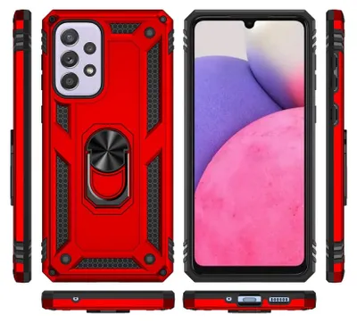 A product shot of a red phone case with a ring holder, shown from multiple angles, and a phone inside the case.