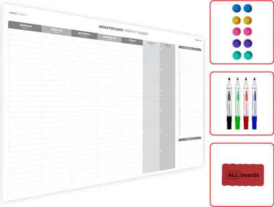 Produktbild von Magnetischer Monatsplaner 90x60cm für Monatsplanungen, einfach zu beschreiben Wochenplaner Wandkalender Memoboard Magnettafel auf Deutsch + 4 Marker, 10 Magnete und Schwamm im Lieferumfang