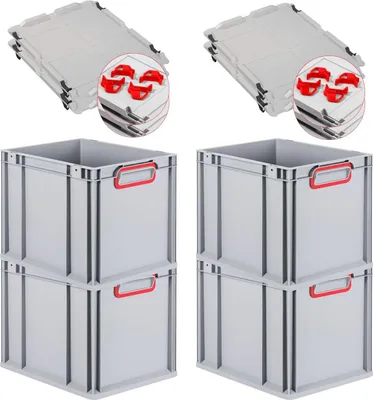 Produktbild von SuperSparSet 4x Eurobox NextGen Color mit Auflagedeckel und Schiebeschnappverschlüsse | HxBxT 32x30x40cm | 30 Liter | Grau | Griffe rot geschlossen | Glatter Boden | Eurobehälter, Transportbox, Transportbehälter, Stapelbehälter