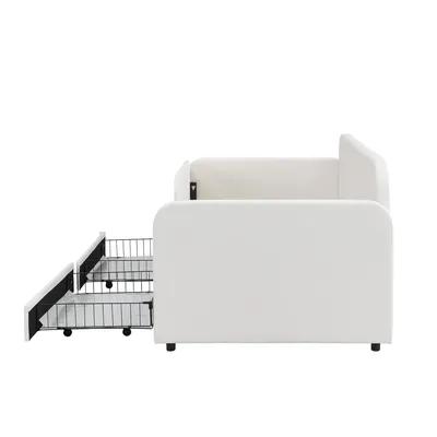Produktbild von Merax Tagesbett 90x200 cm mit 2 Schubladen und 3 Seitentaschen, Polsterbett in Weiß mit Metallrahmen, Kinder-Spleißbett mit Samtbezug, Weiß