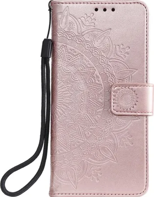 A rose gold flip case for a Samsung Galaxy Note20 with a mandala embossed pattern and a wrist strap.
