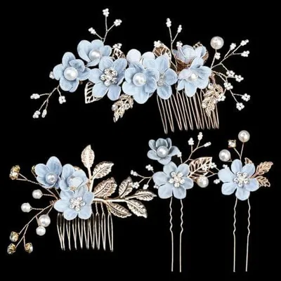 Produktbild von 4 blaue Haarkämme und Haarnadeln mit Strass für Brautschmuck, Hochzeit und Brautfrisuren, U-förmige Blumen-Haarspangen für Brautmutter und Brautjungfer, Blumen-Haarteil für Damen und Mädchen
